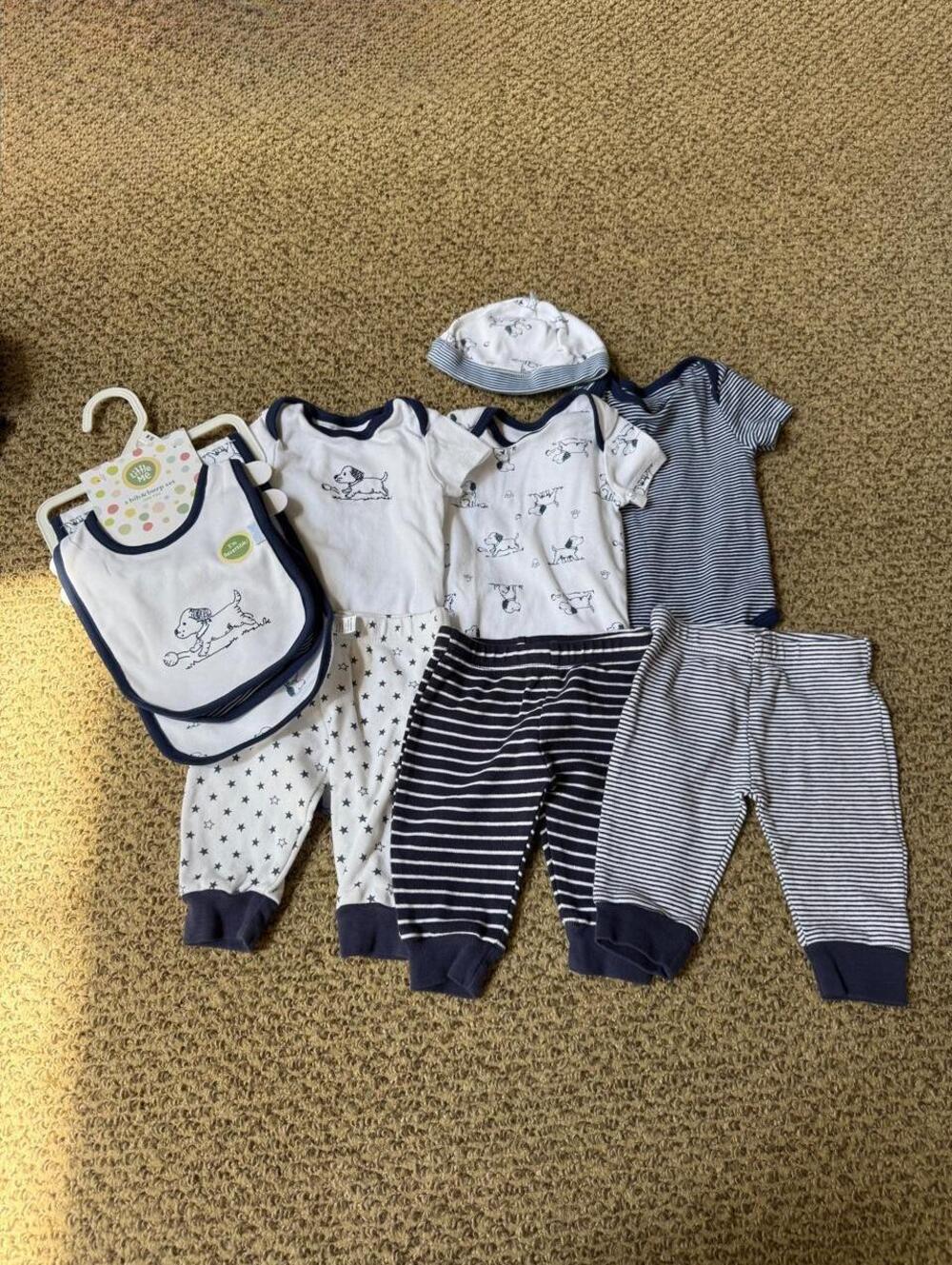 Little Me baby boy bundle with white and navy blue dog and striped pattern